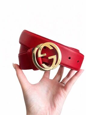 Authentic Gucci Red Leather Double GG Gold Buckle Belt size 36
